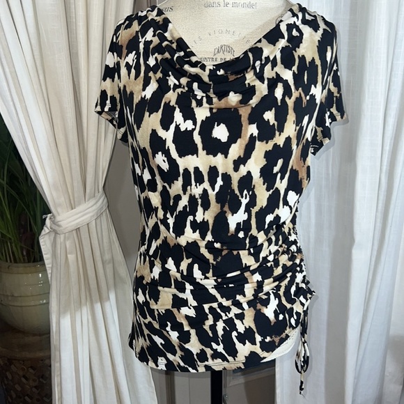 Michael Kors animal print Cowl Neck Blouse Cinched Ruched Side Tie shirt Small​ - Picture 2 of 12
